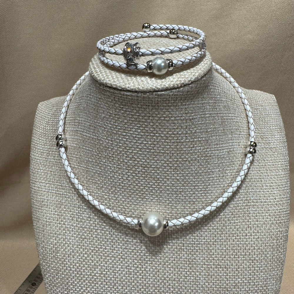 White Braided Leather Choker Necklace and Bracelet Set